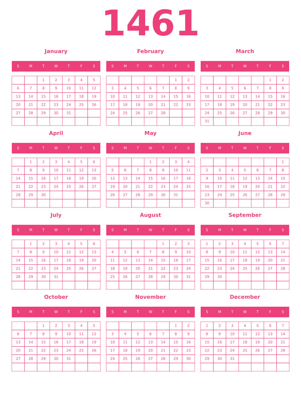 Printable 1461 Year Calendars pink
