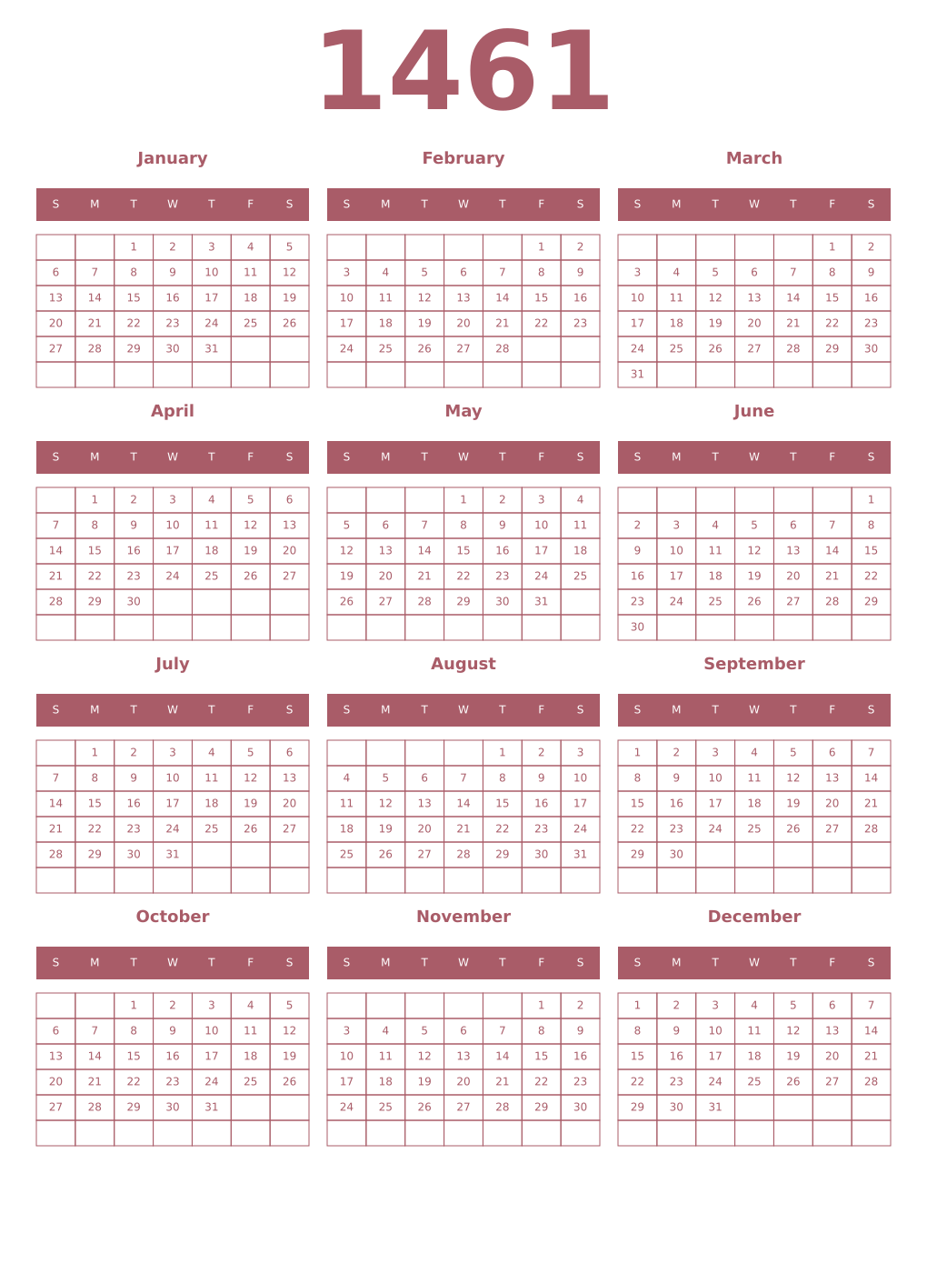 Printable 1461 Year Calendars puce