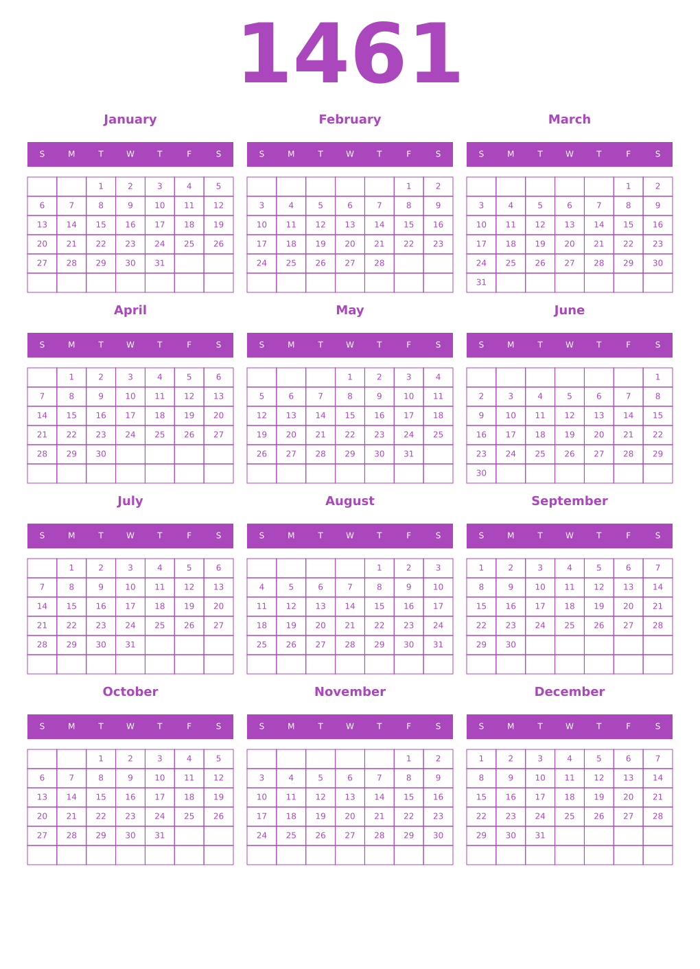 Printable 1461 Year Calendars purple