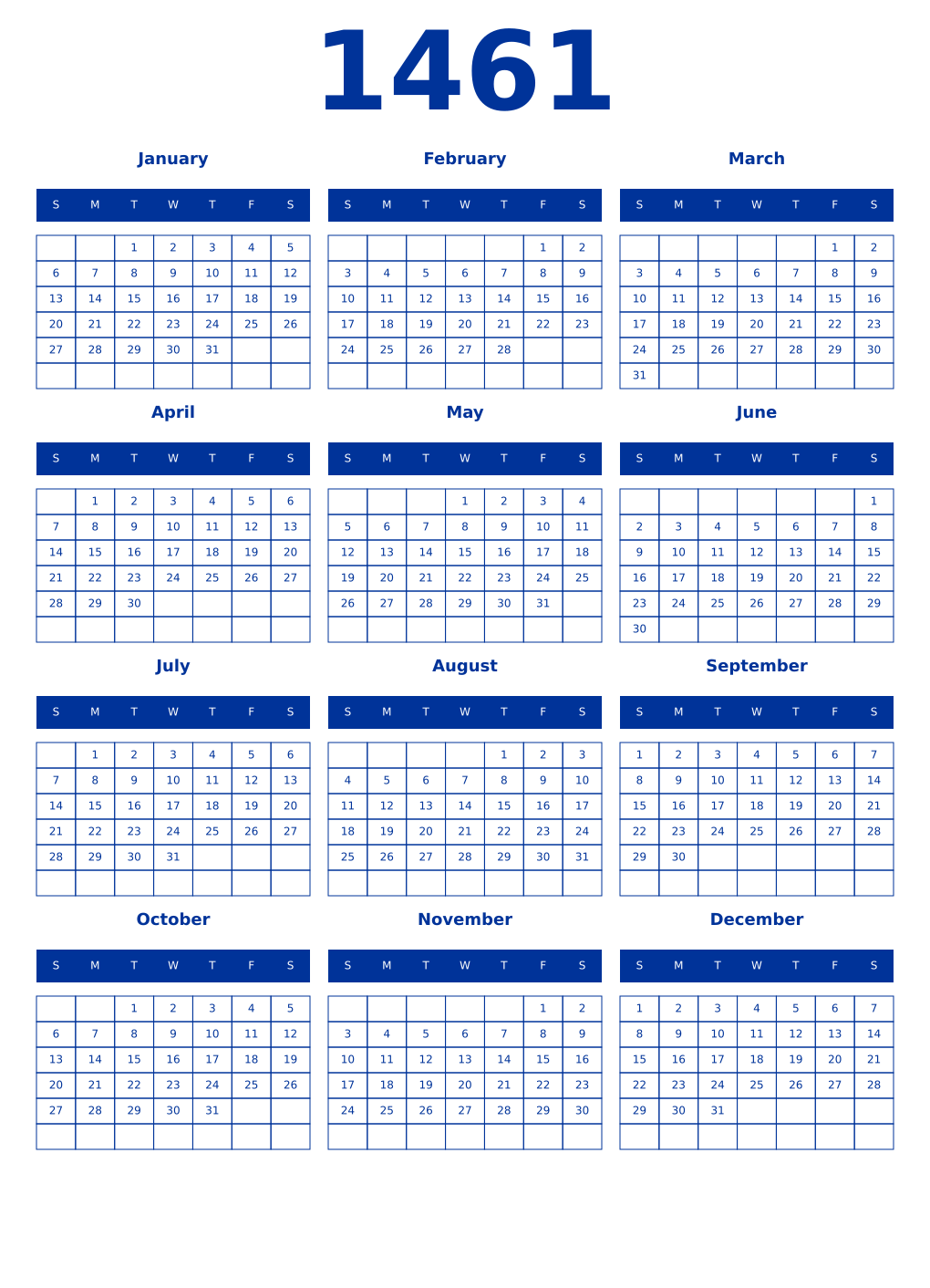 Printable 1461 Year Calendars smalt