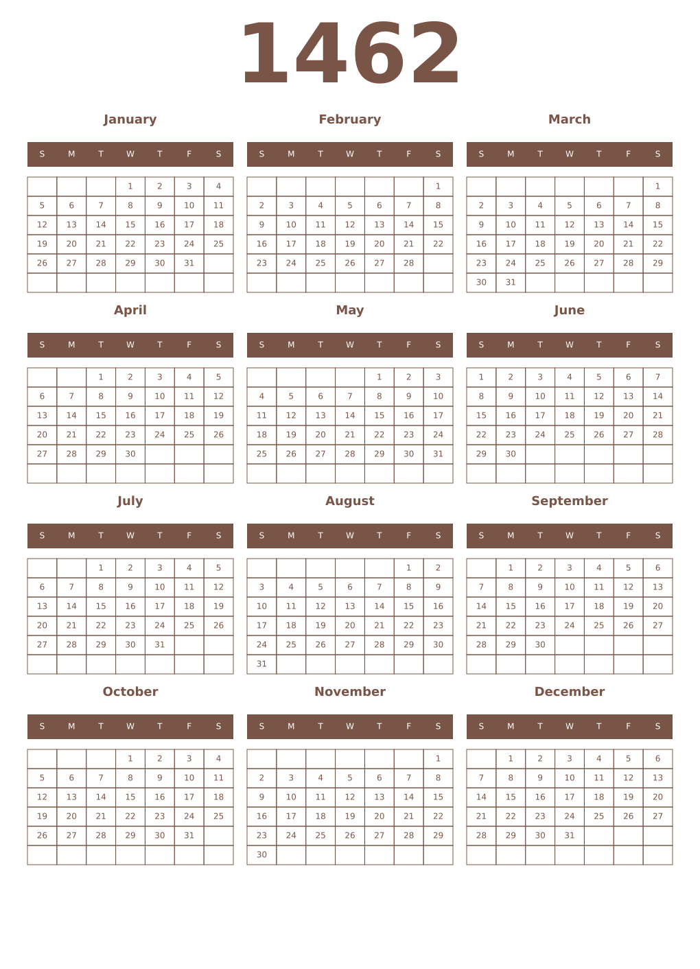 Printable 1462 Year Calendars coffe
