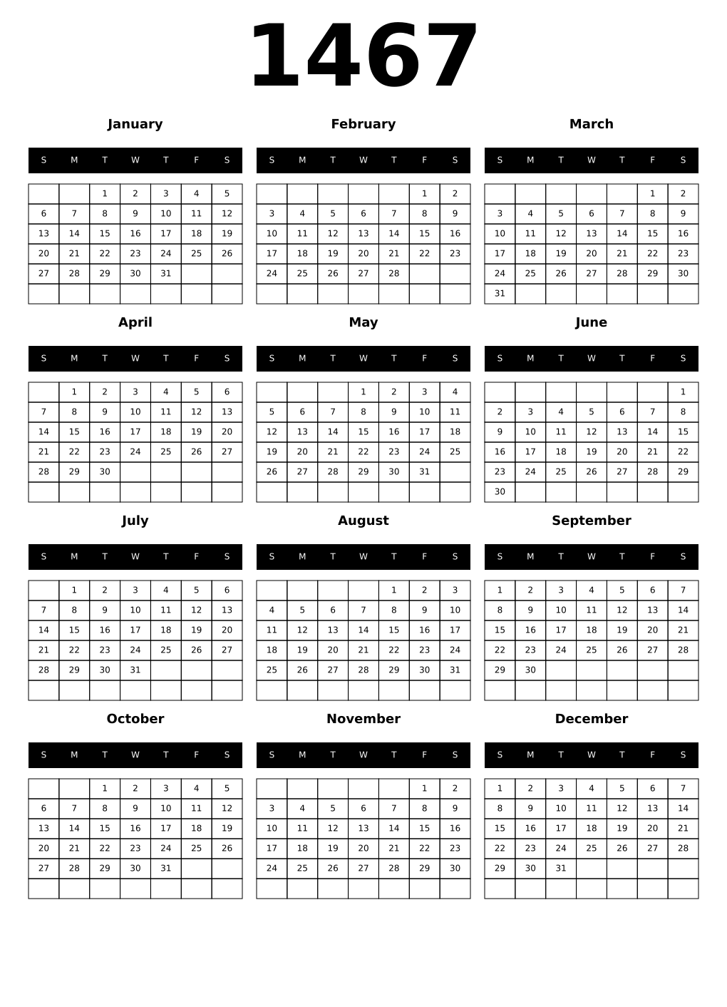 Printable 1467 Year Calendars black