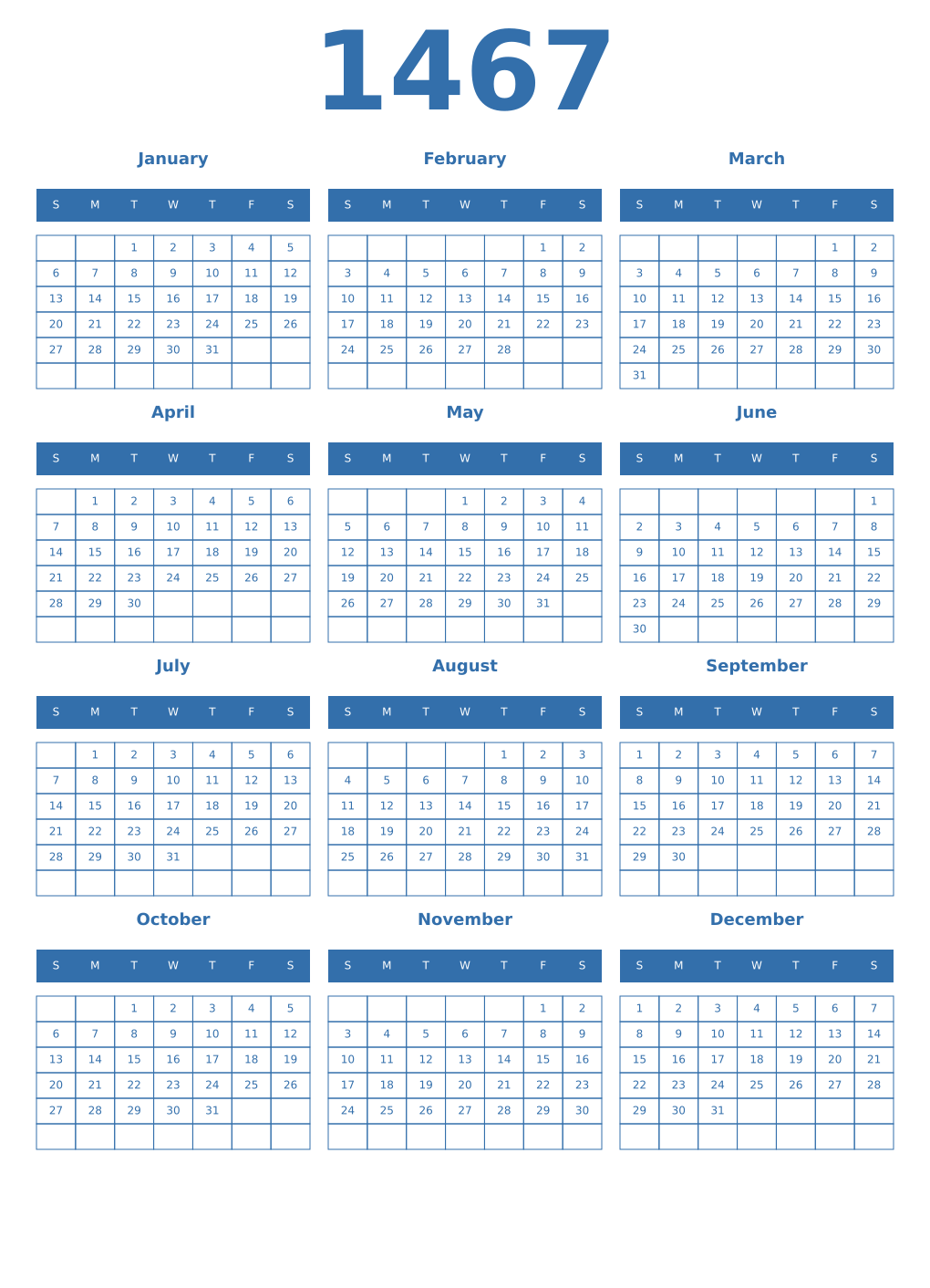Printable 1467 Year Calendars blue