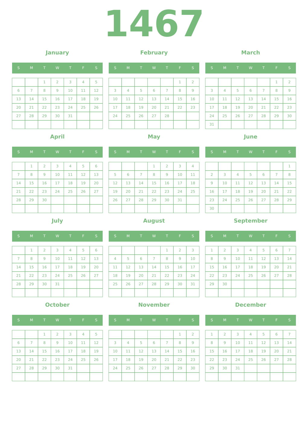 Printable 1467 Year Calendars celadon