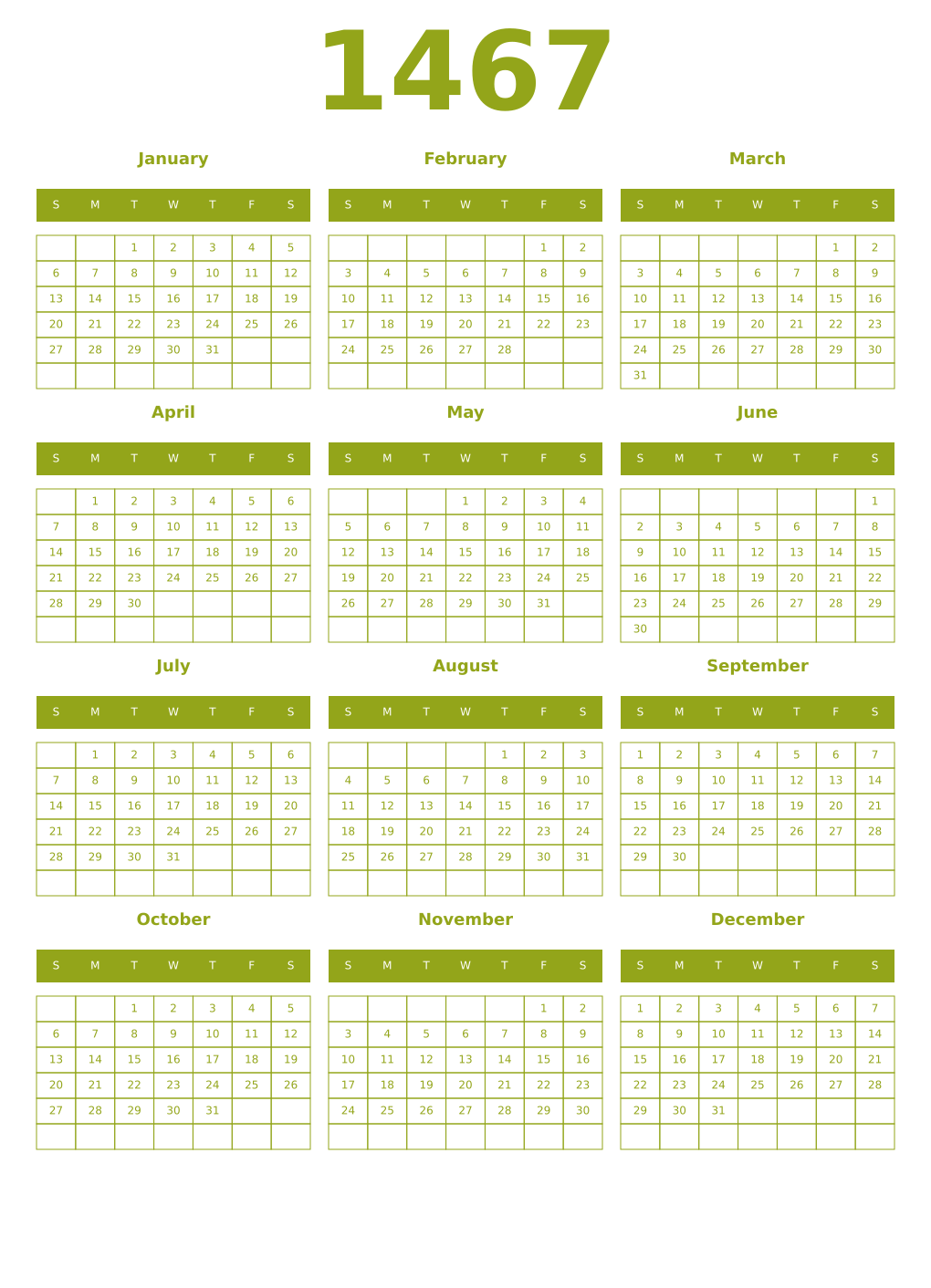 Printable 1467 Year Calendars chartreuse
