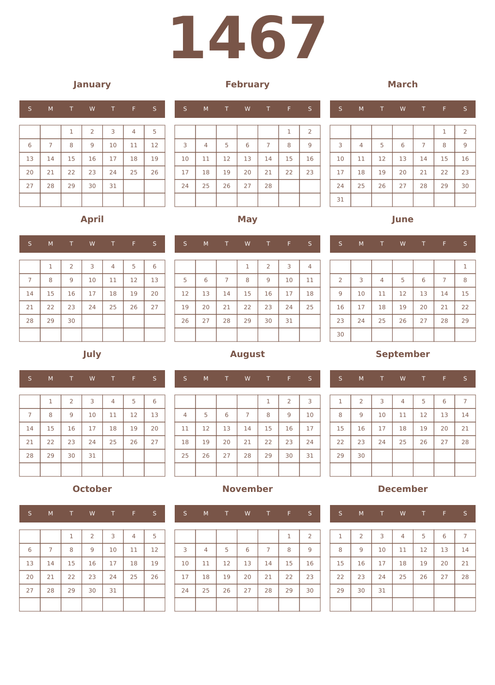 Printable 1467 Year Calendars coffe
