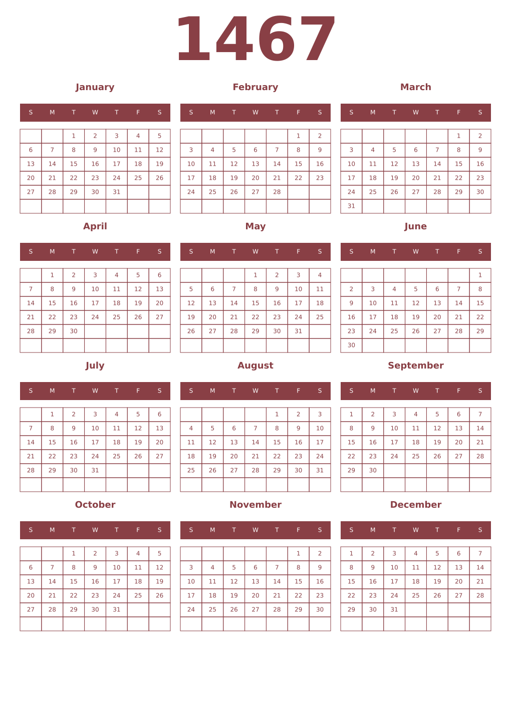 Printable 1467 Year Calendars cordovan
