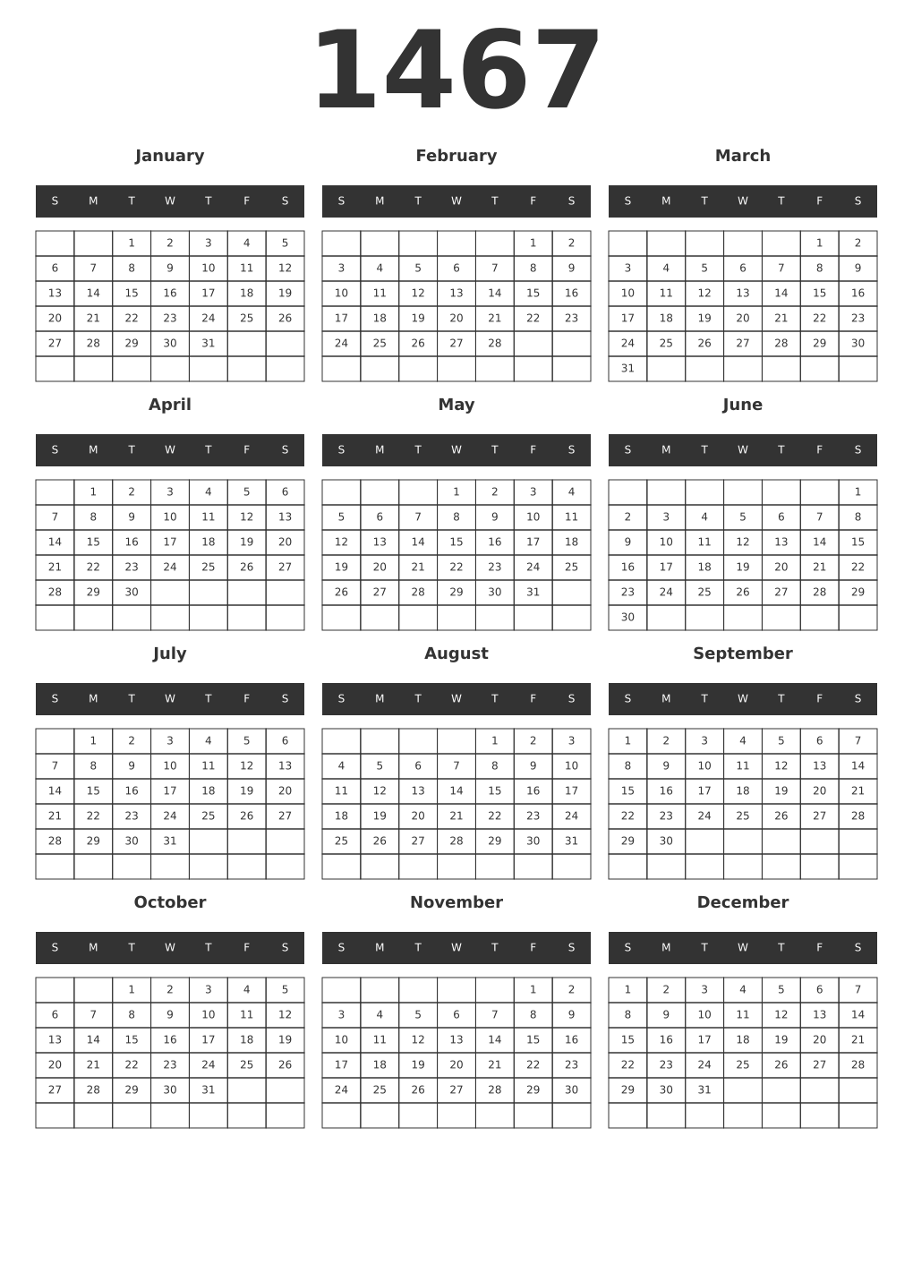 Printable 1467 Year Calendars dark