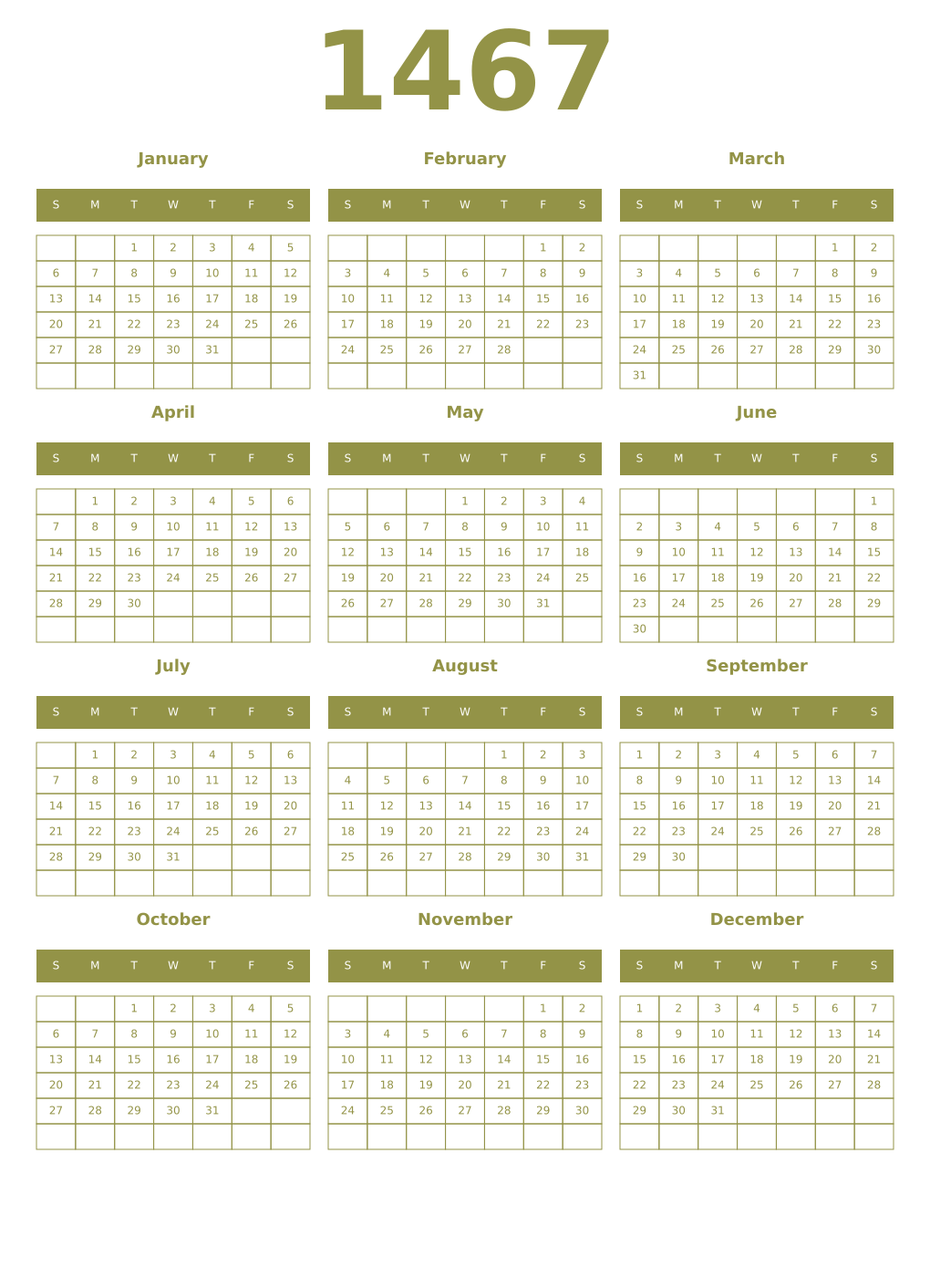 Printable 1467 Year Calendars eburnean