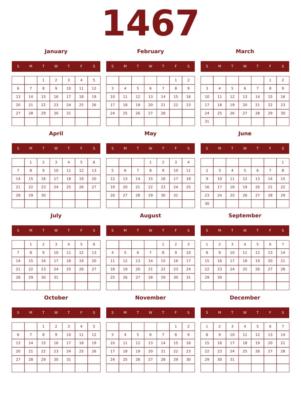 Printable 1467 Year Calendars falu