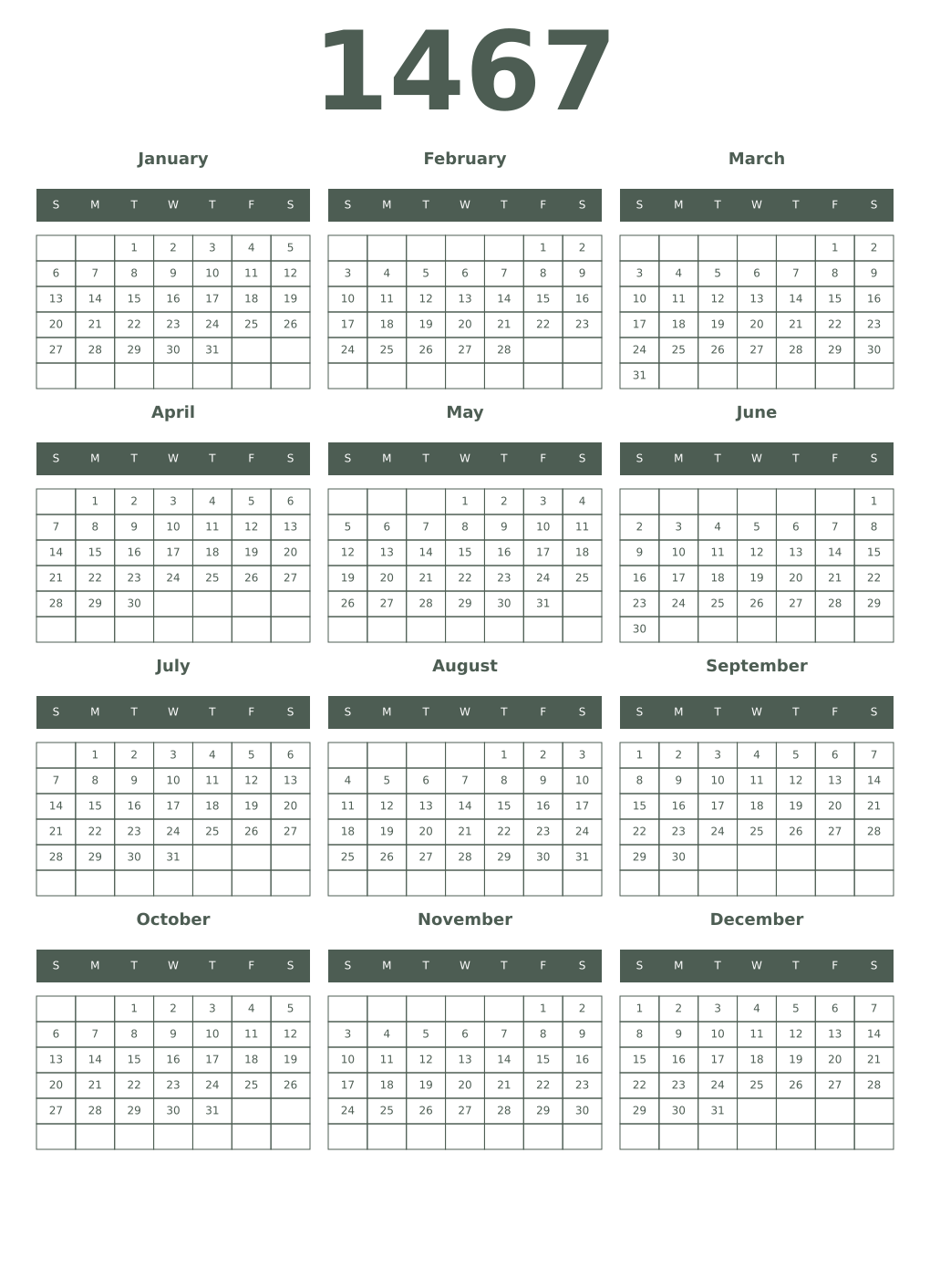 Printable 1467 Year Calendars feldgrau