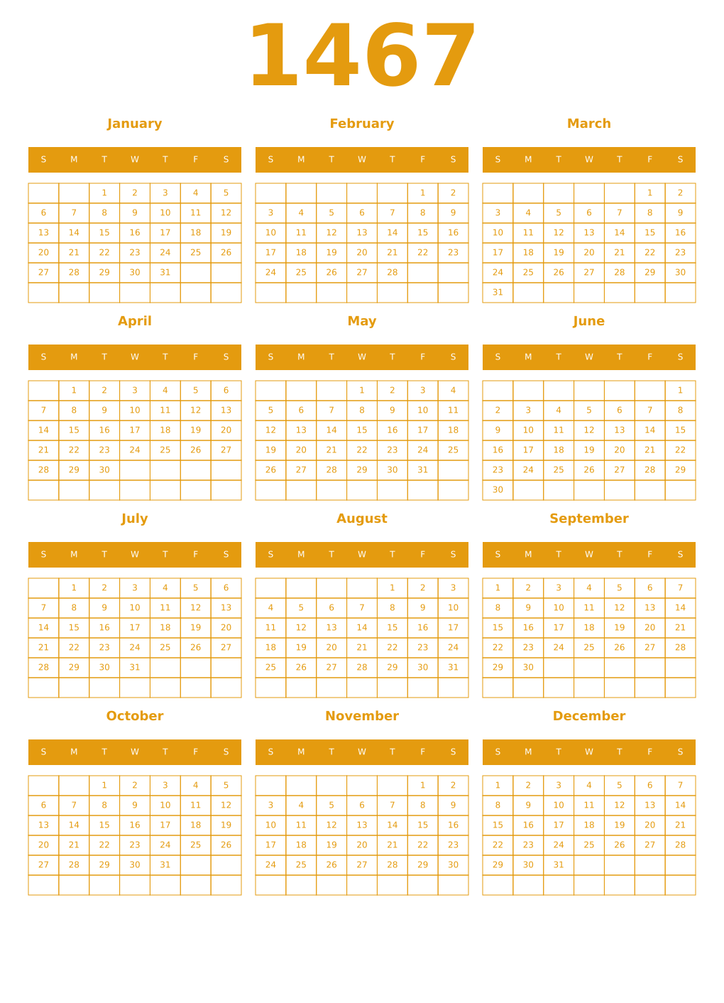 Printable 1467 Year Calendars gamboge