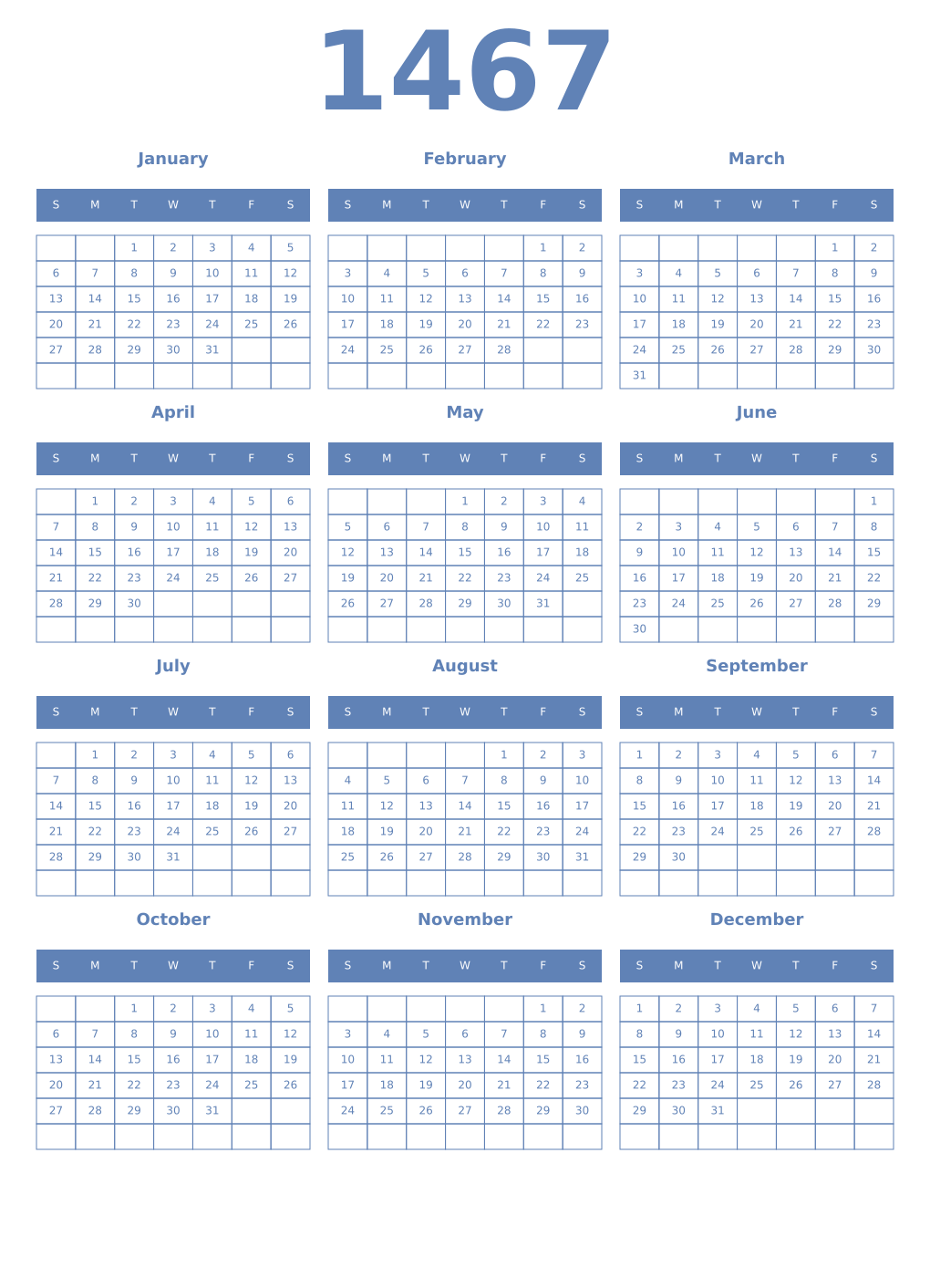 Printable 1467 Year Calendars glaucous