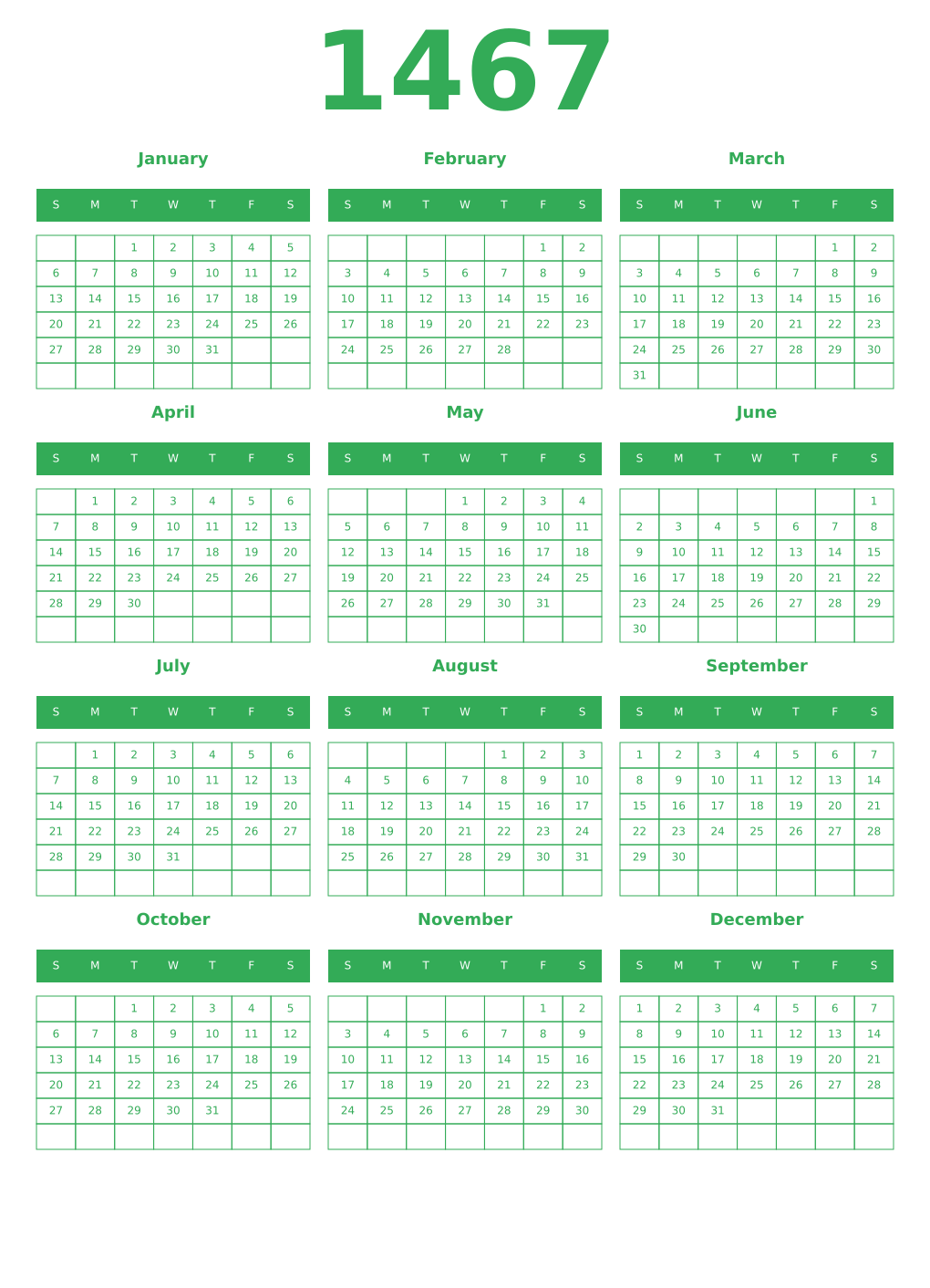Printable 1467 Year Calendars green