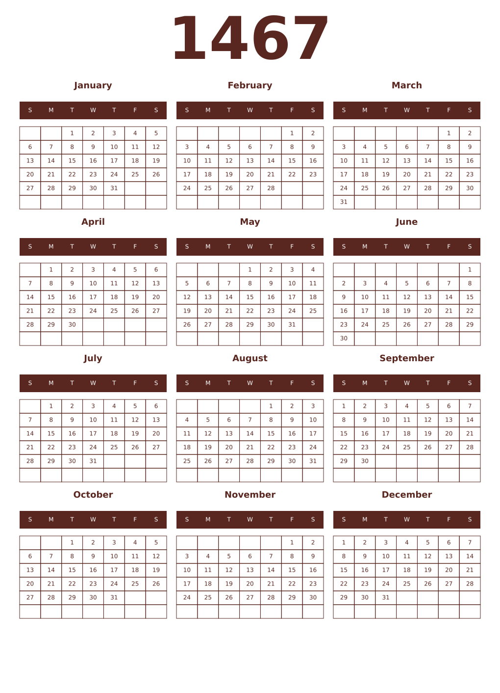 Printable 1467 Year Calendars mortuum