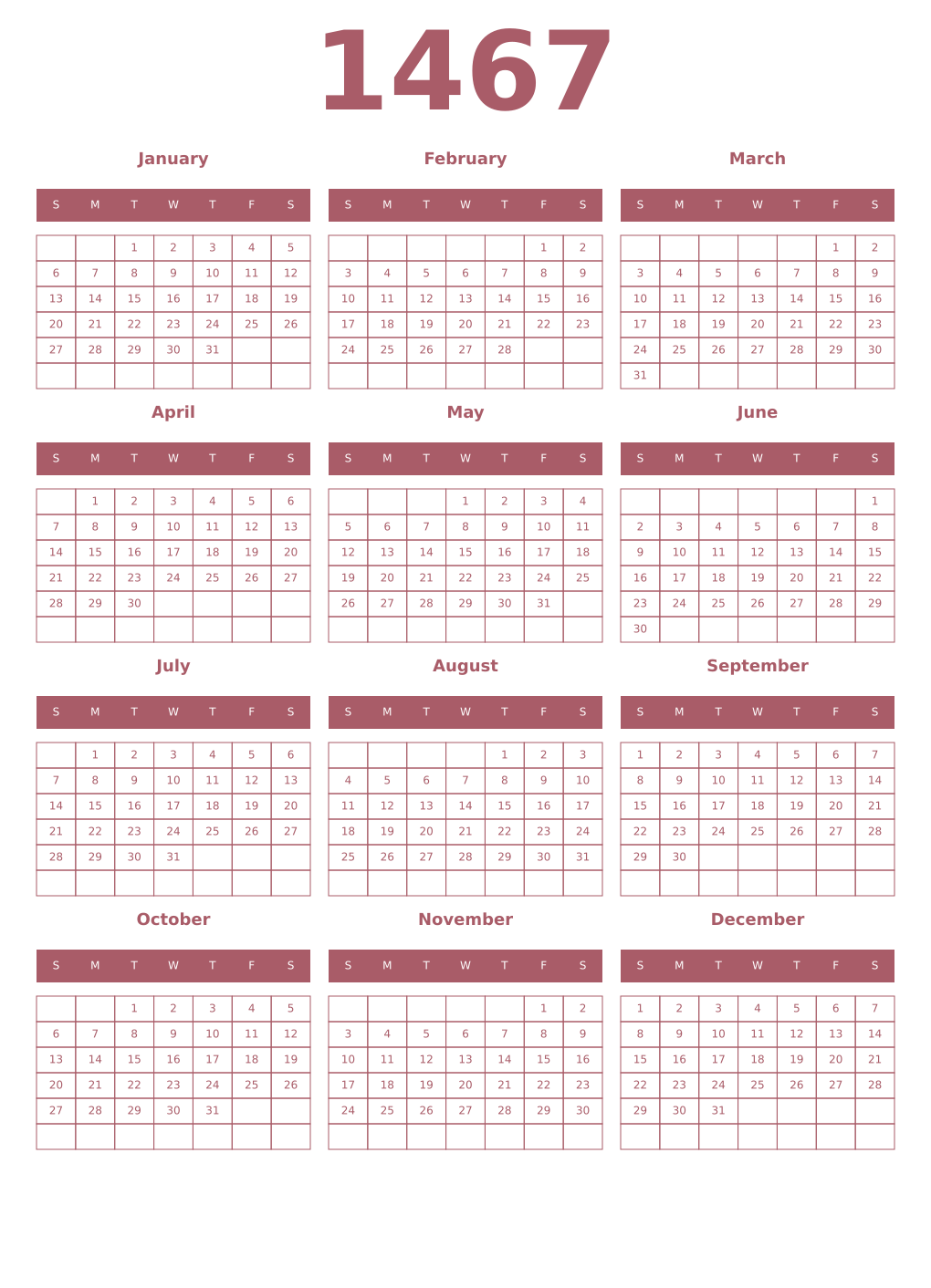 Printable 1467 Year Calendars puce