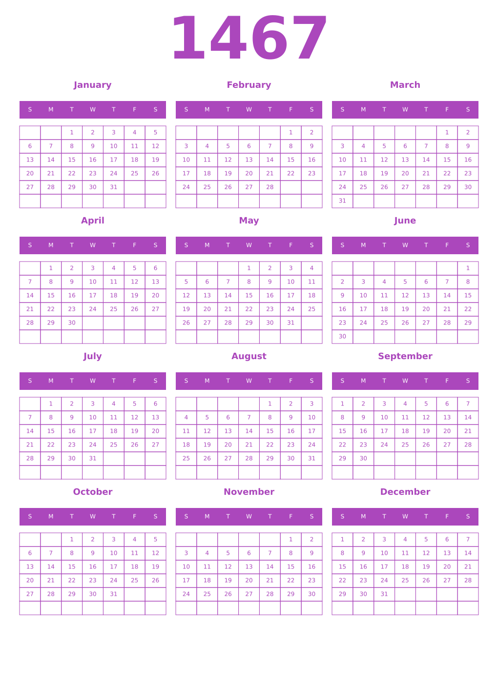 Printable 1467 Year Calendars purple