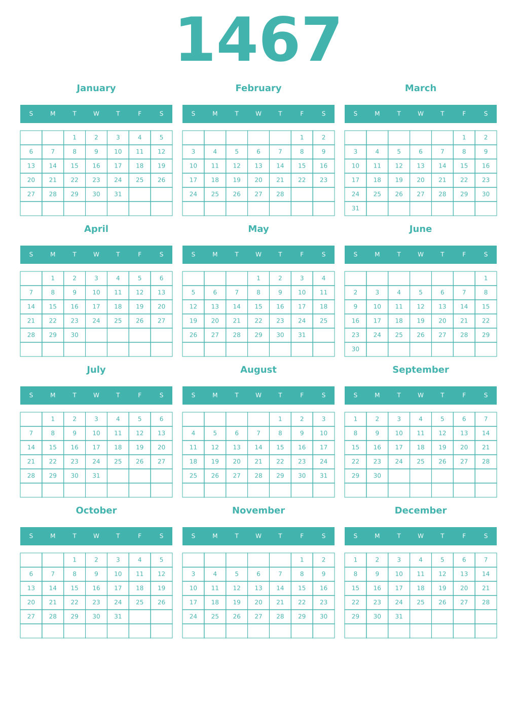 Printable 1467 Year Calendars verdigris