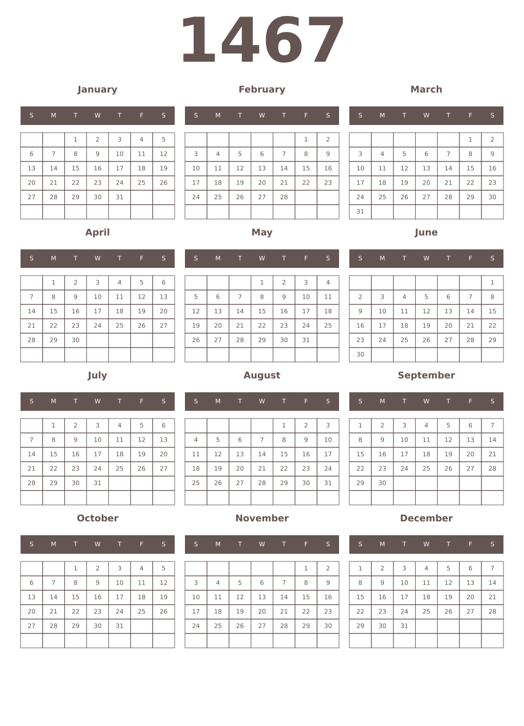 Printable 1467 Year Calendars wenge