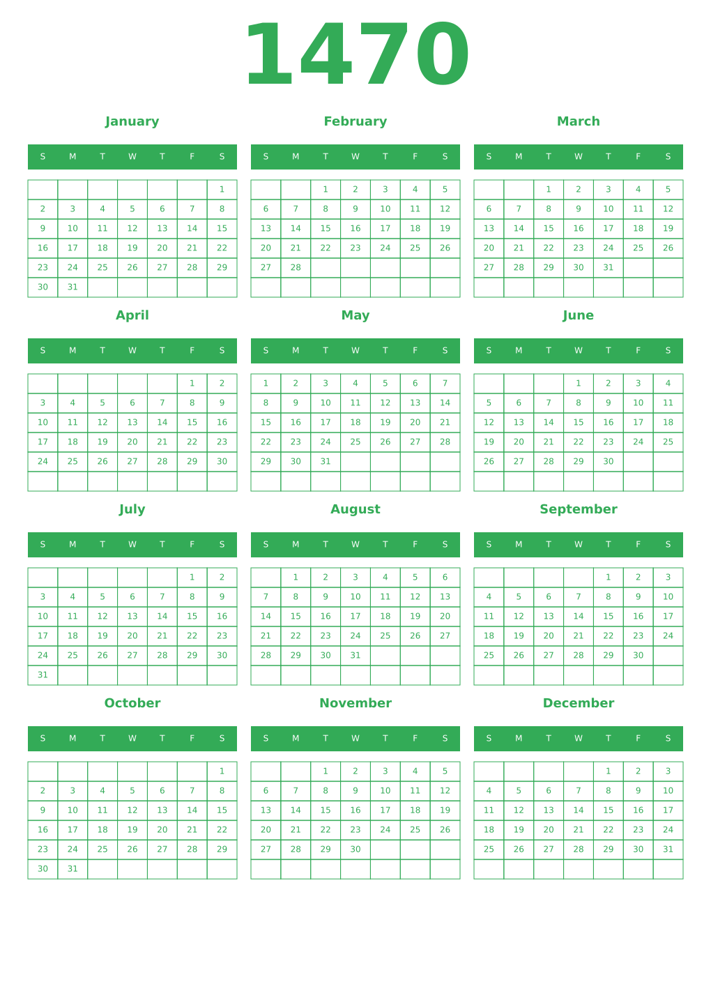 Printable 1470 Year Calendars green