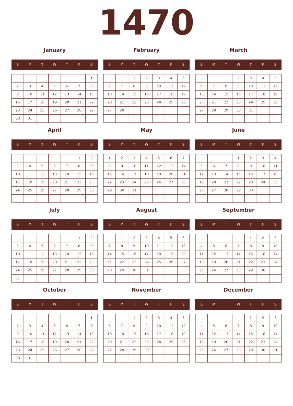 Printable 1470 Year Calendars mortuum
