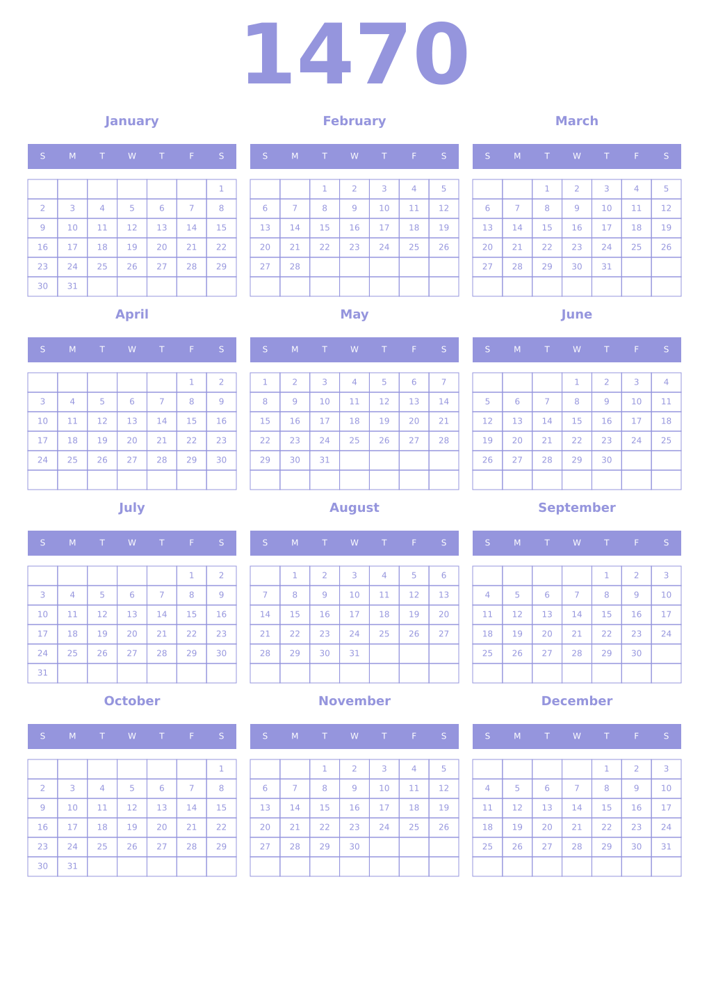 Printable 1470 Year Calendars periwinkle