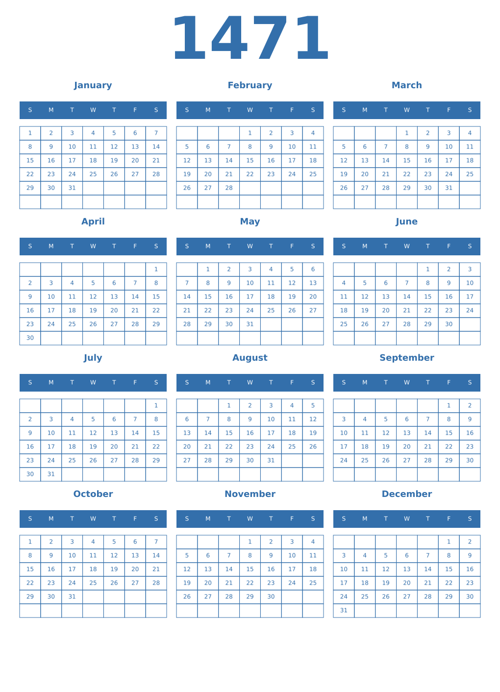 Printable 1471 Year Calendars blue