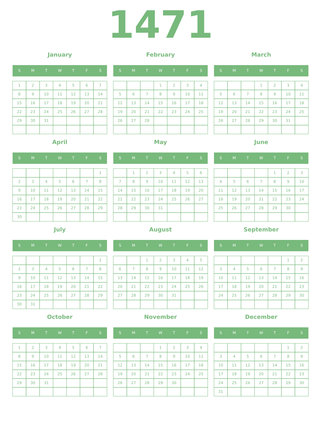 Printable 1471 Year Calendars celadon