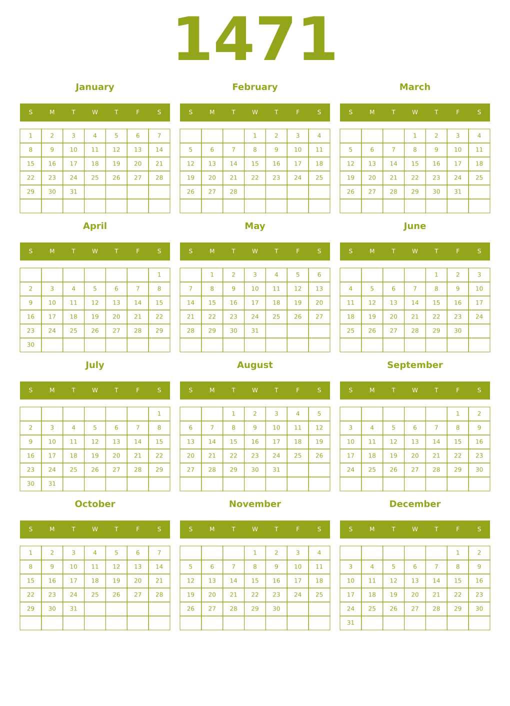 Printable 1471 Year Calendars chartreuse