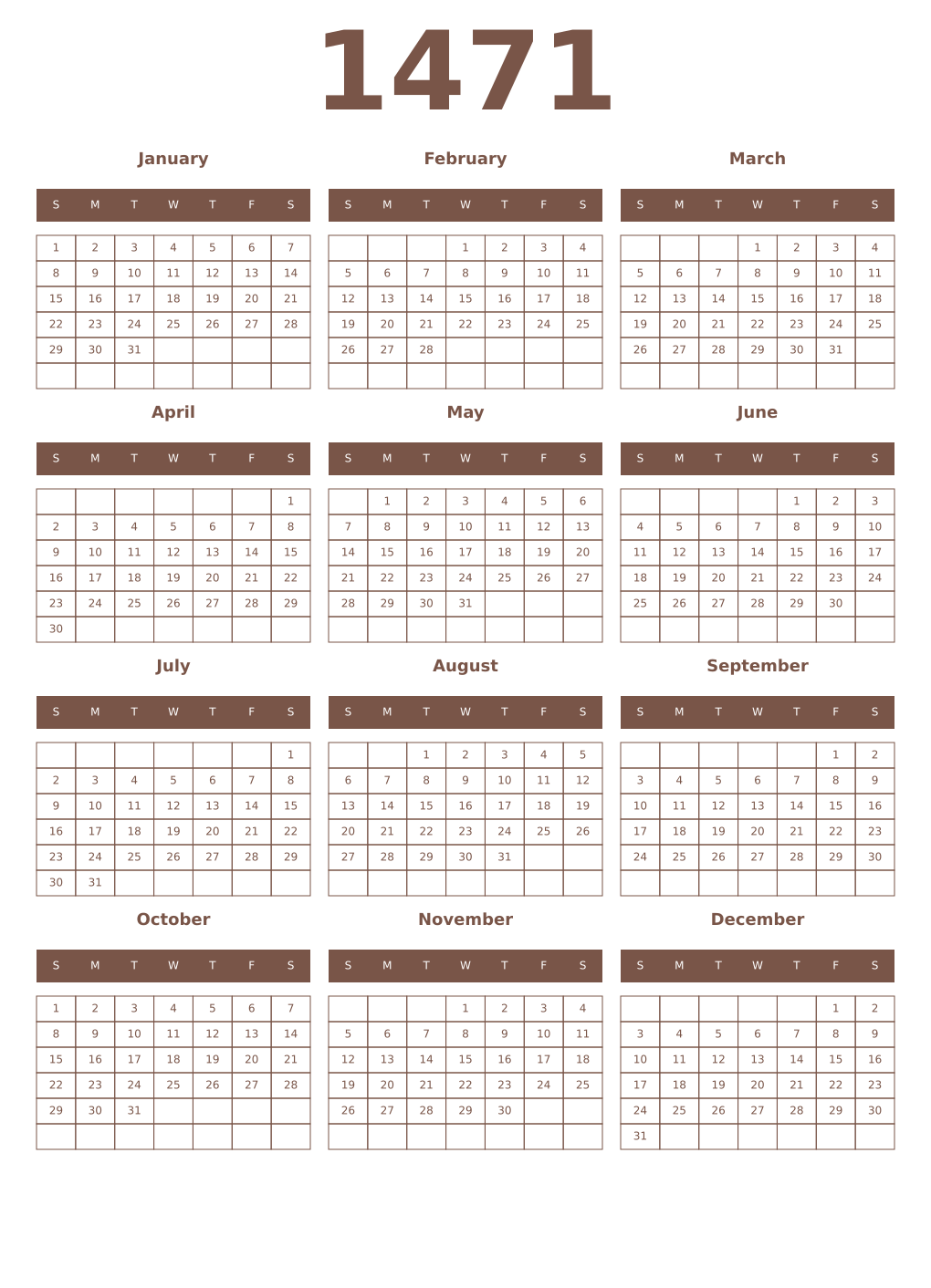 Printable 1471 Year Calendars coffe