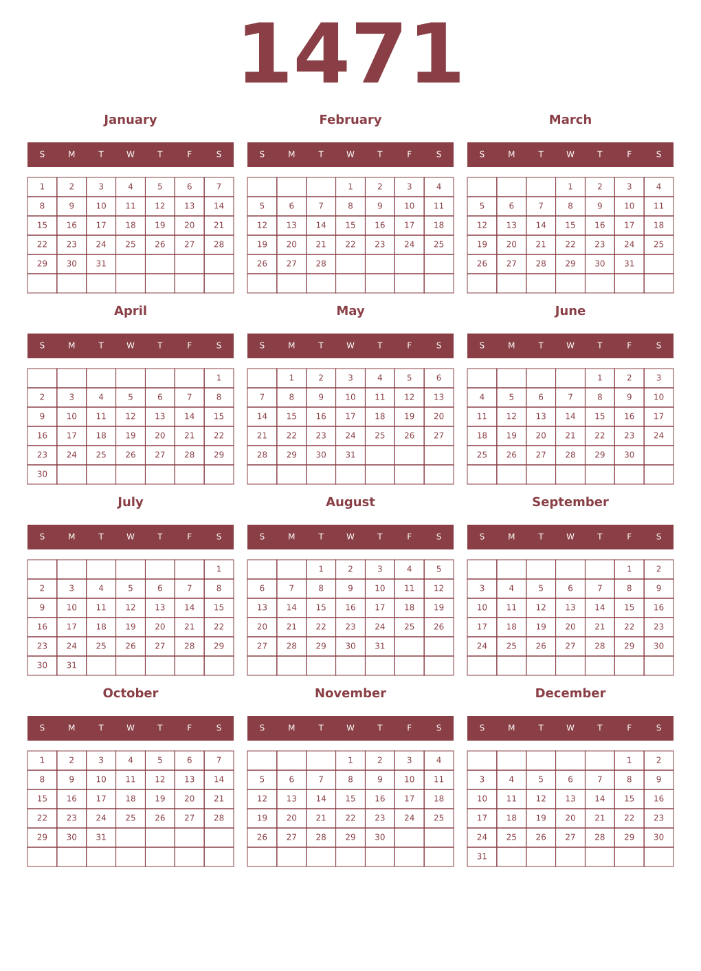Printable 1471 Year Calendars cordovan