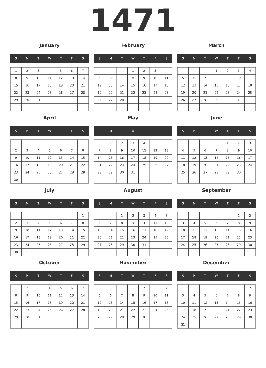 Printable 1471 Year Calendars dark