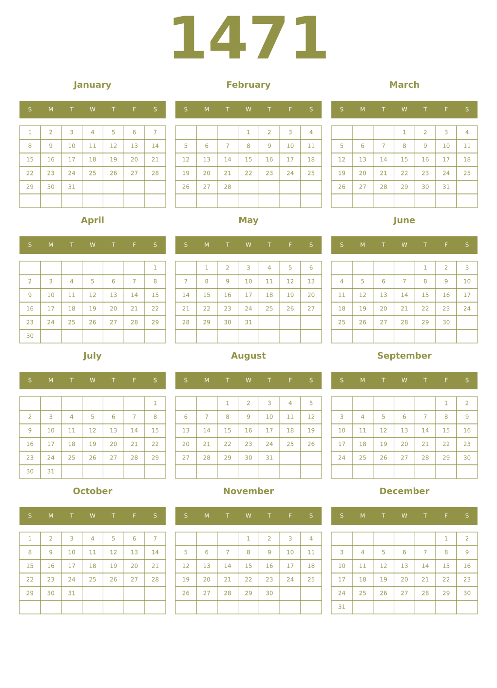 Printable 1471 Year Calendars eburnean