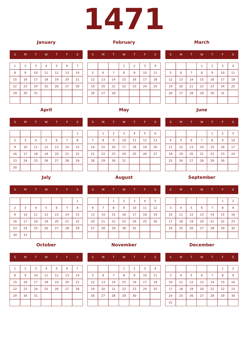 Printable 1471 Year Calendars falu