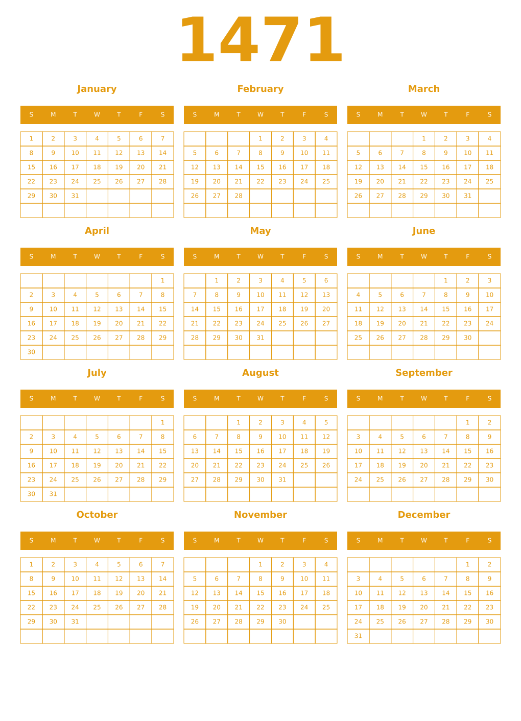 Printable 1471 Year Calendars gamboge