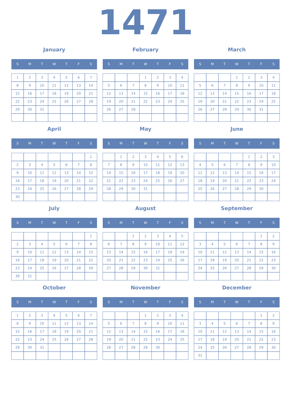 Printable 1471 Year Calendars glaucous