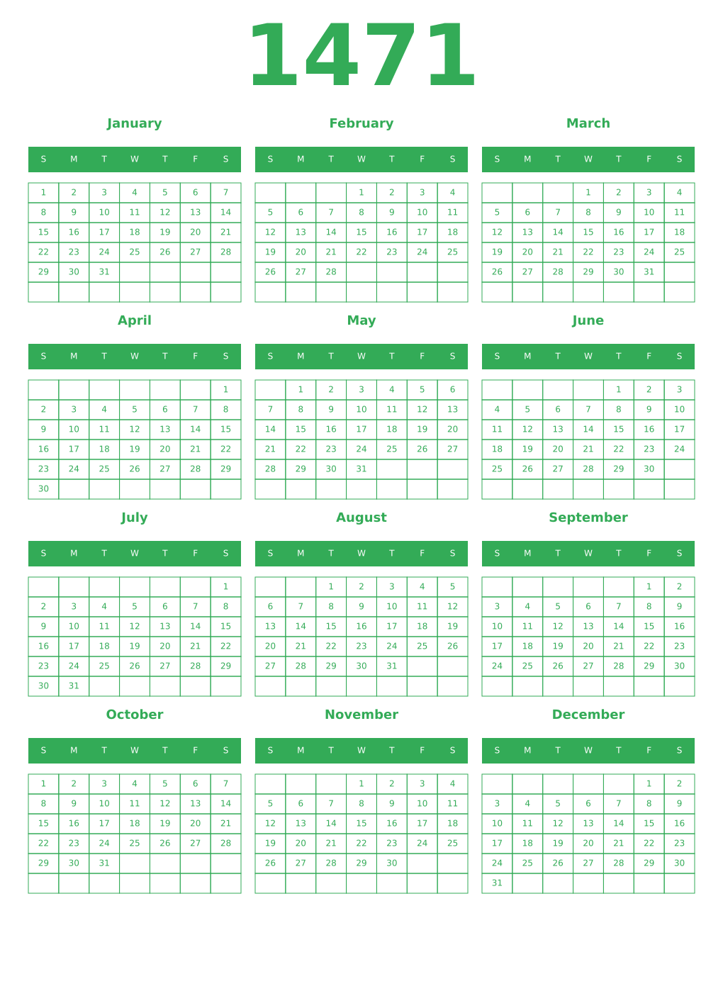 Printable 1471 Year Calendars green