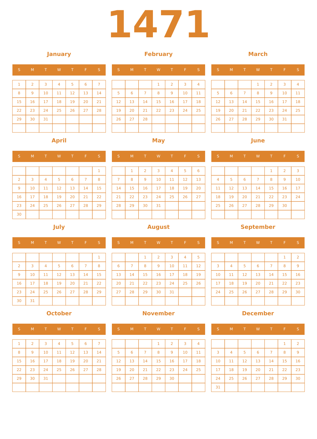 Printable 1471 Year Calendars orange