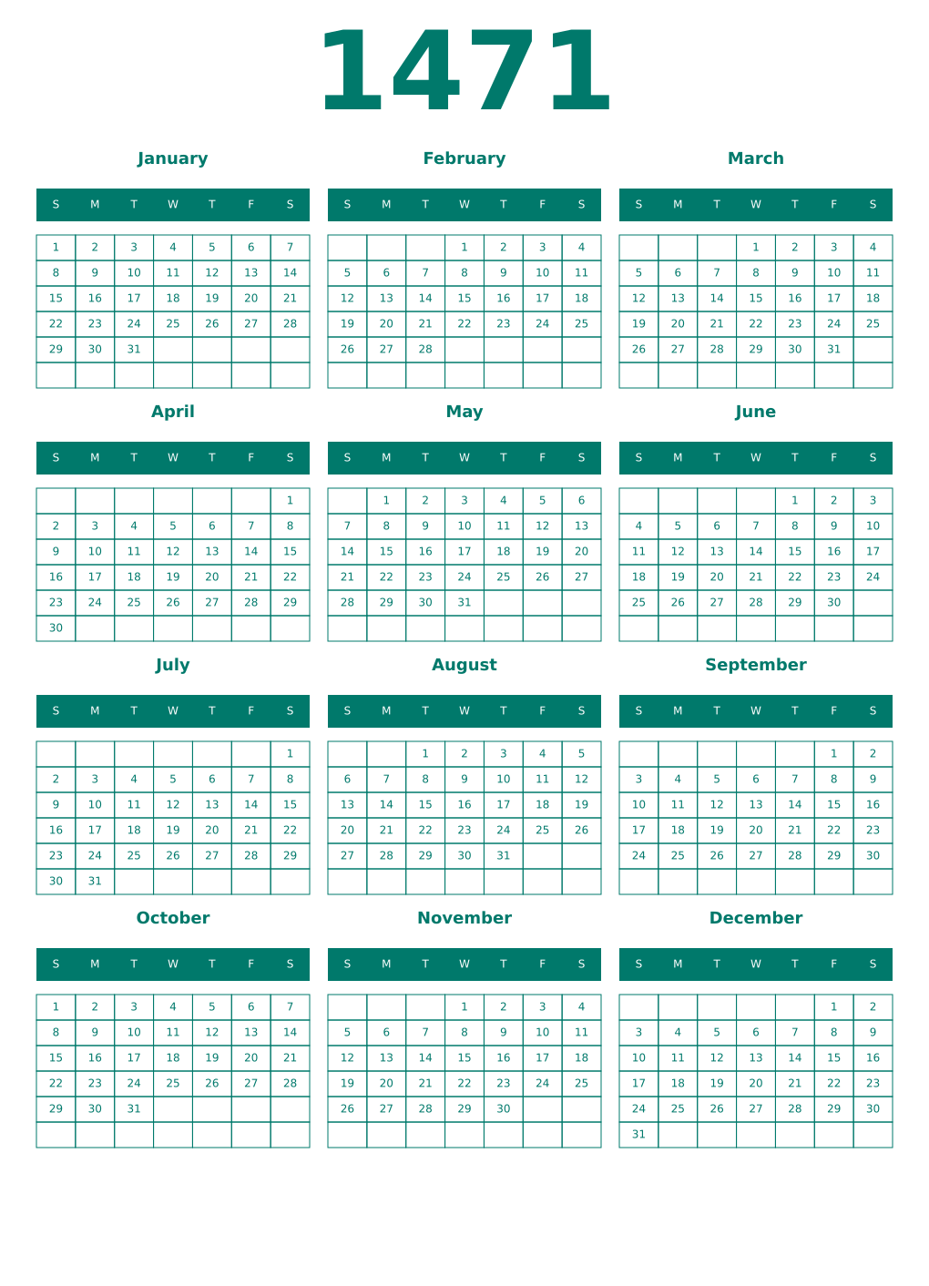 Printable 1471 Year Calendars pastel
