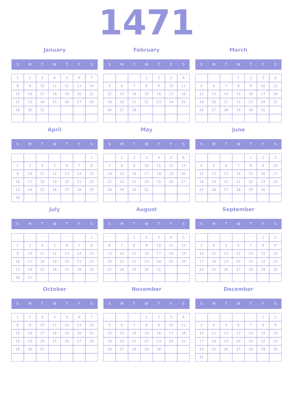 Printable 1471 Year Calendars periwinkle