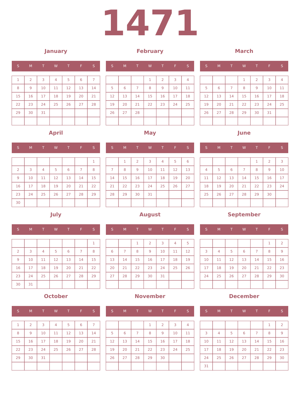 Printable 1471 Year Calendars puce