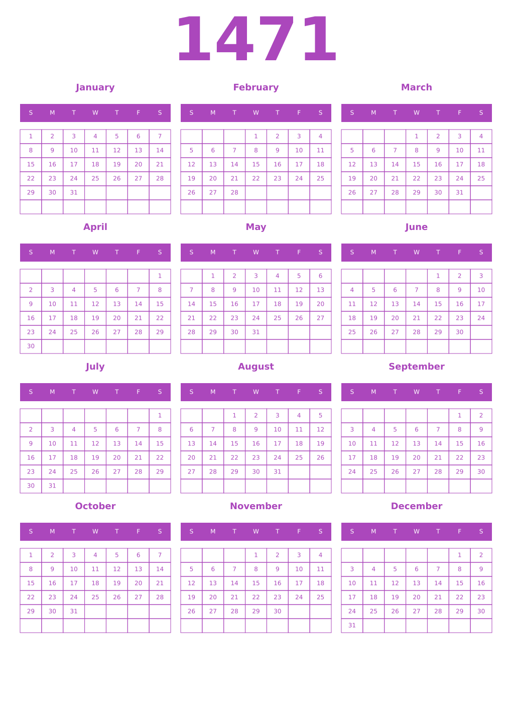 Printable 1471 Year Calendars purple