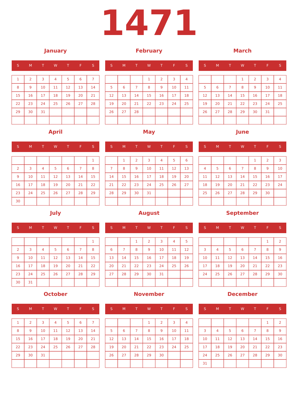 Printable 1471 Year Calendars red
