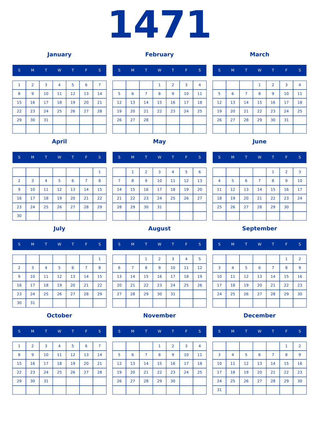 Printable 1471 Year Calendars smalt