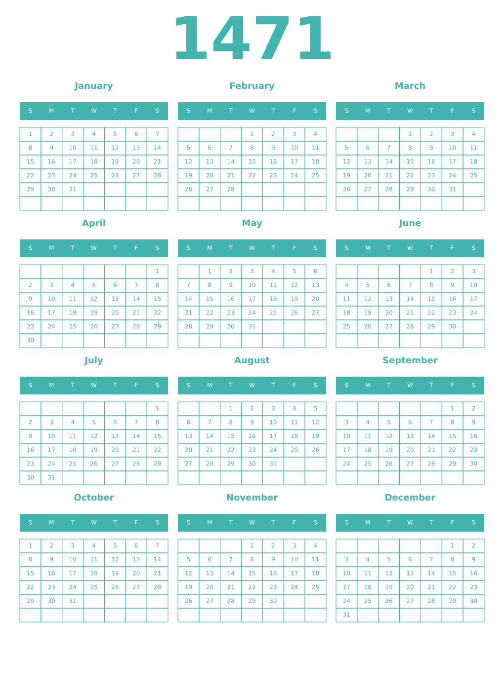 Printable 1471 Year Calendars verdigris