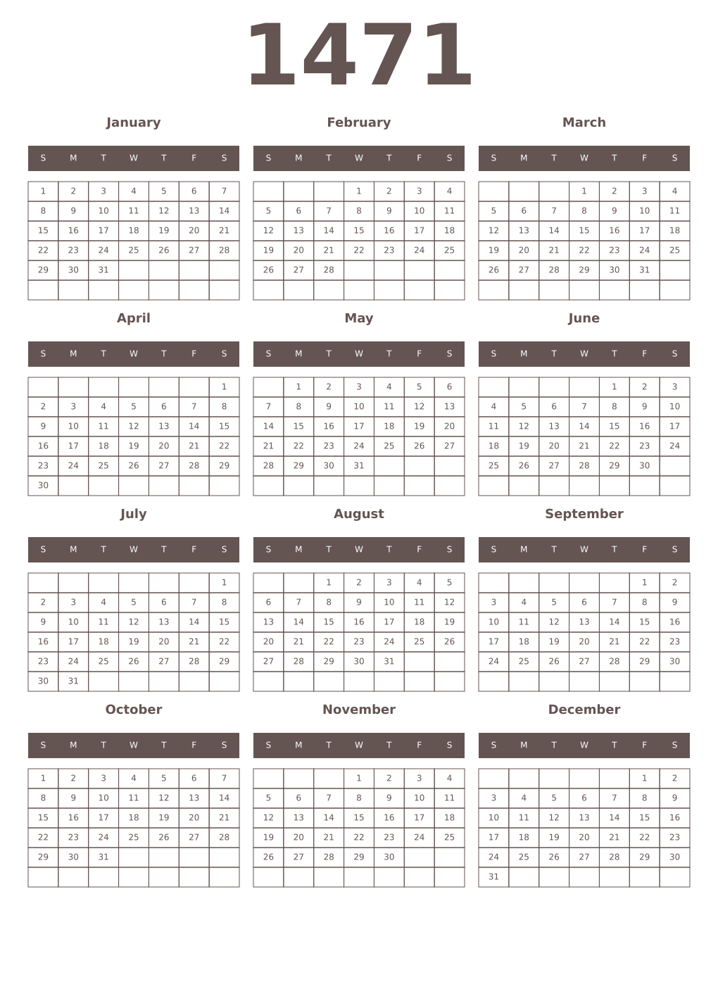 Printable 1471 Year Calendars wenge
