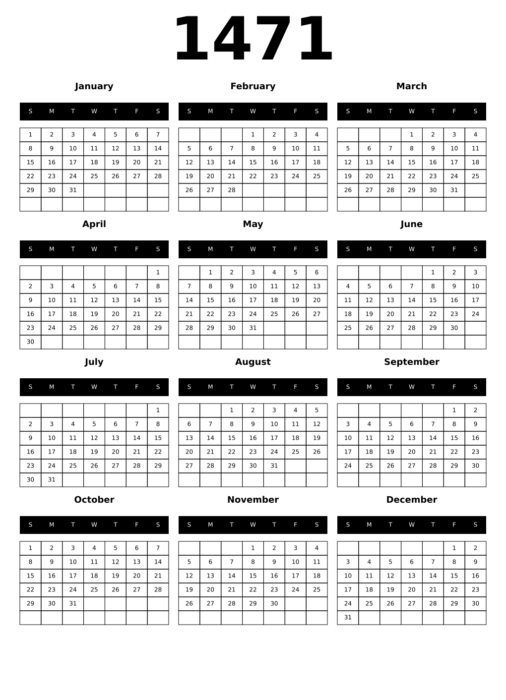 Printable 1471 Calendars