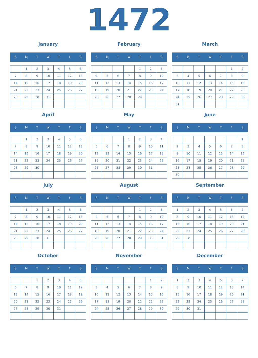 Printable 1472 Year Calendars blue