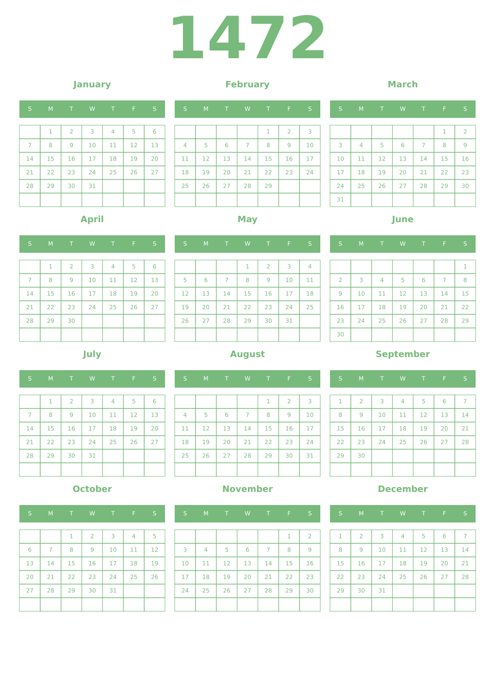 Printable 1472 Year Calendars celadon