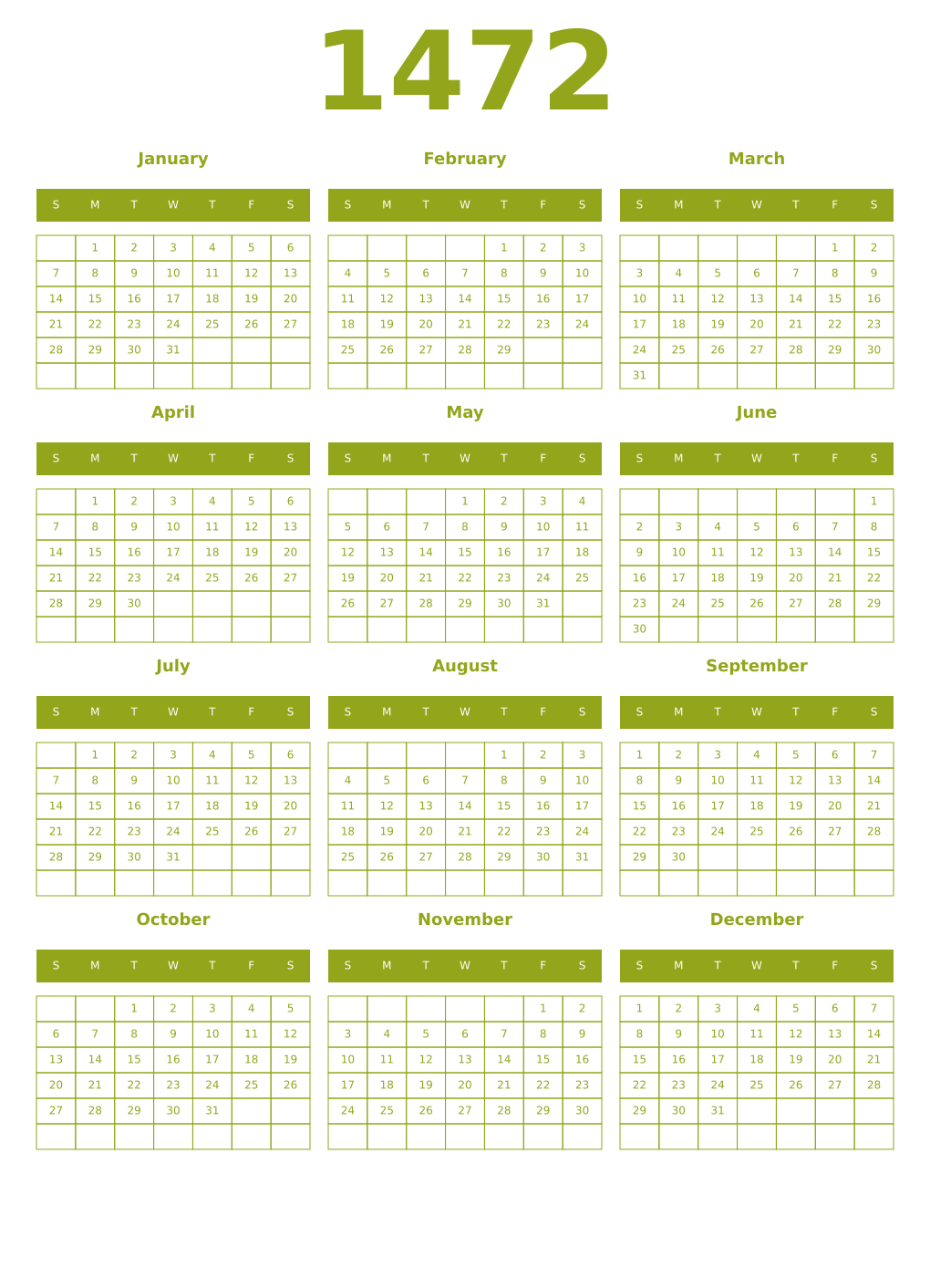 Printable 1472 Year Calendars chartreuse